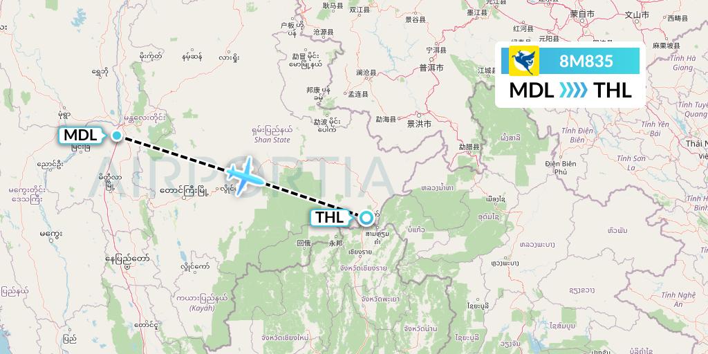 8M835 Myanmar Airways International Flight Map: Mandalay to Tachilek