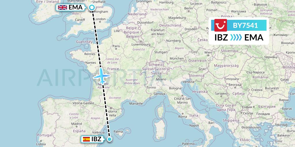 BY7541 TUI Airways Flight Map: Ibiza to East Midlands