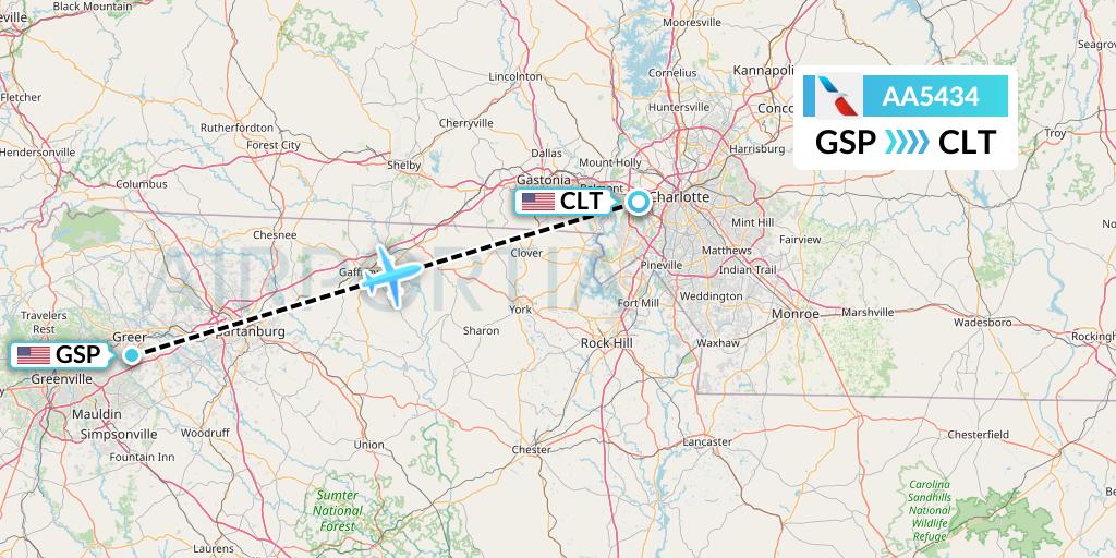 AA5434 American Airlines Flight Map: Greenville-Spartanburg to Charlotte