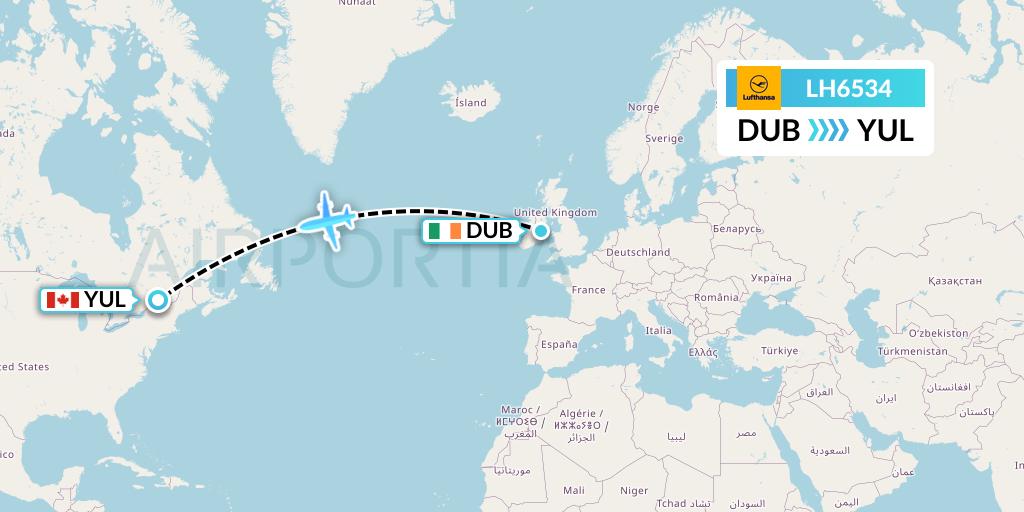 LH6534 Lufthansa Flight Map: Dublin to Montreal
