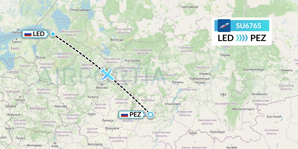 SU6765 Aeroflot Flight Map: St. Petersburg to Penza