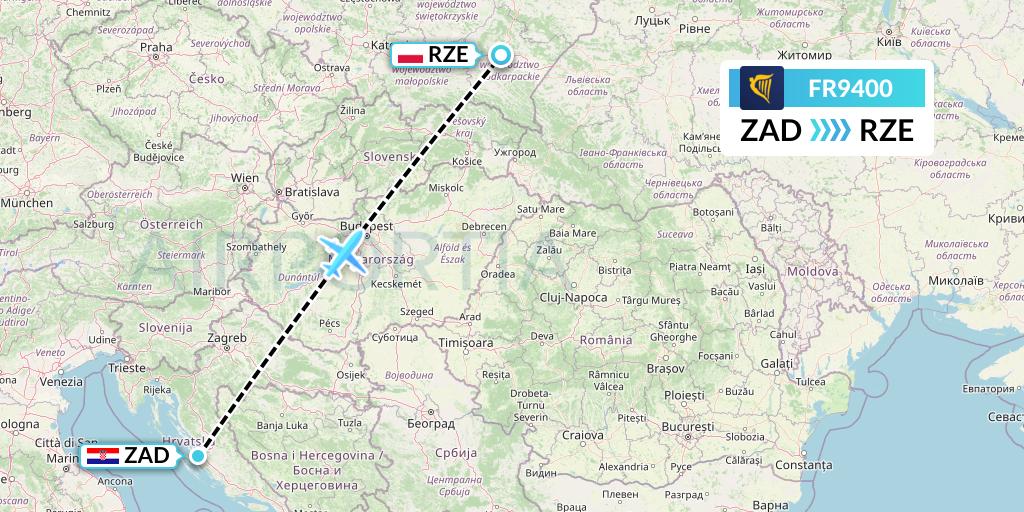 FR9400 Ryanair Flight Map: Zadar to Rzeszow