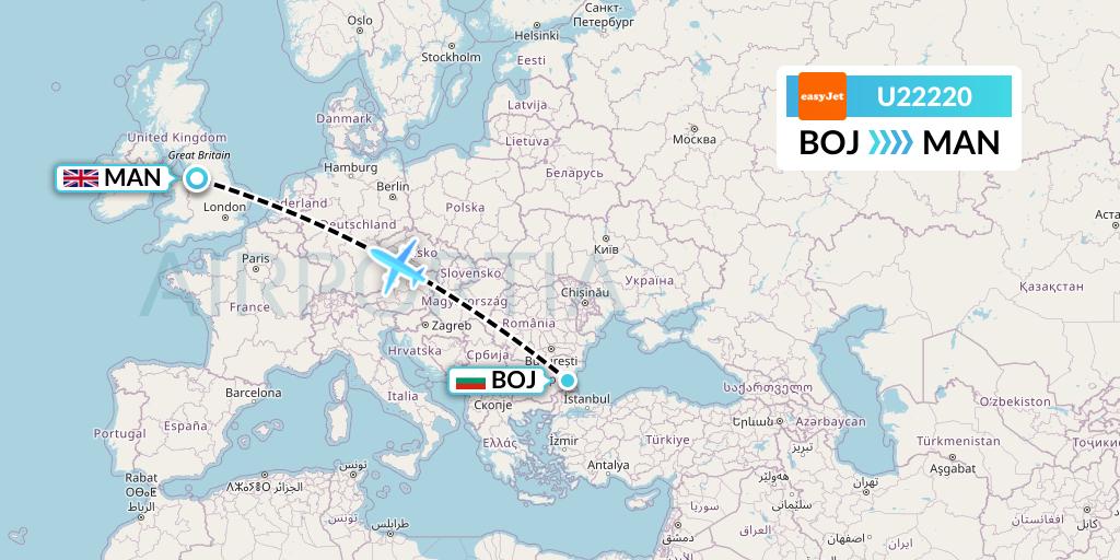 U22220 EasyJet Flight Map: Burgas to Manchester