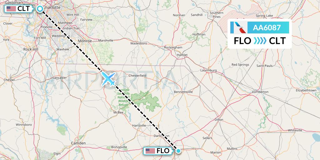 AA6087 American Airlines Flight Map: Florence to Charlotte
