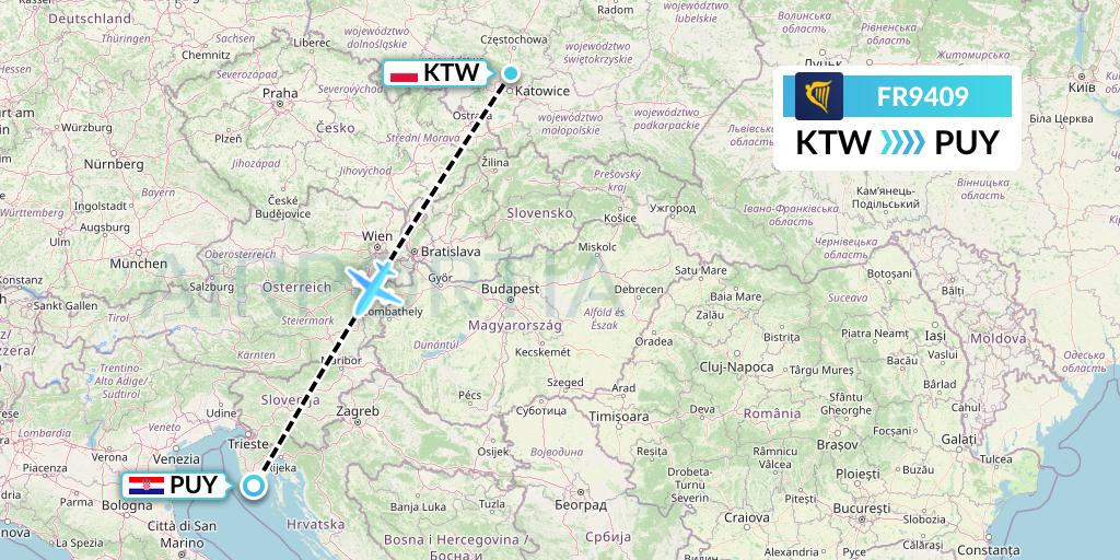 FR9409 Ryanair Flight Map: Katowice to Pula