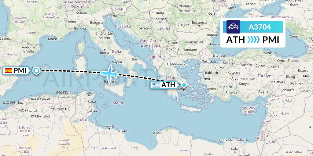 A3704 Aegean Airlines Flight Map: Athens to Palma de Mallorca