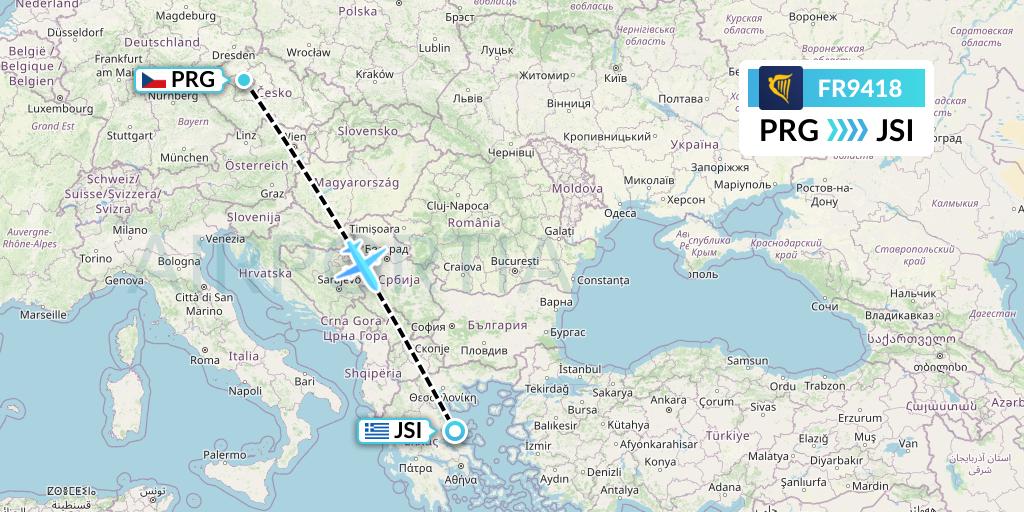 FR9418 Ryanair Flight Map: Prague to Skiathos