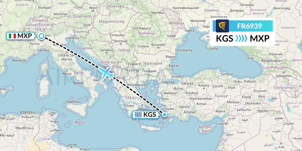FR6939 Ryanair Flight Map: Kos to Milan