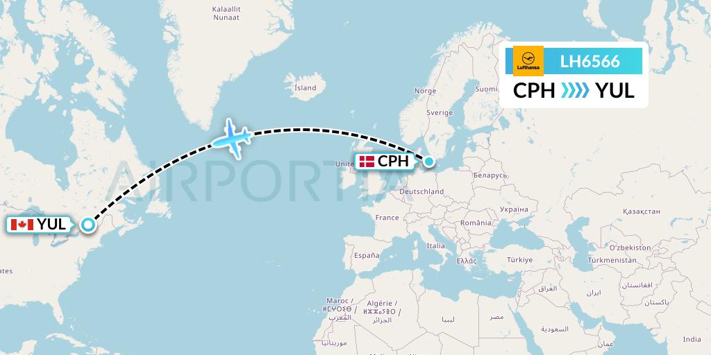 LH6566 Lufthansa Flight Map: Copenhagen to Montreal