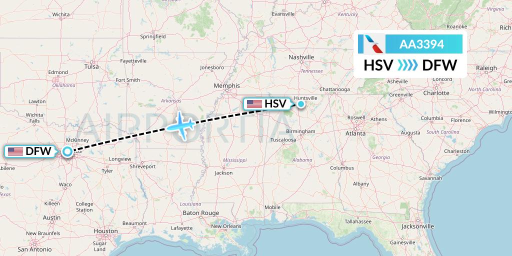 AA3394 American Airlines Flight Map: Huntsville to Dallas