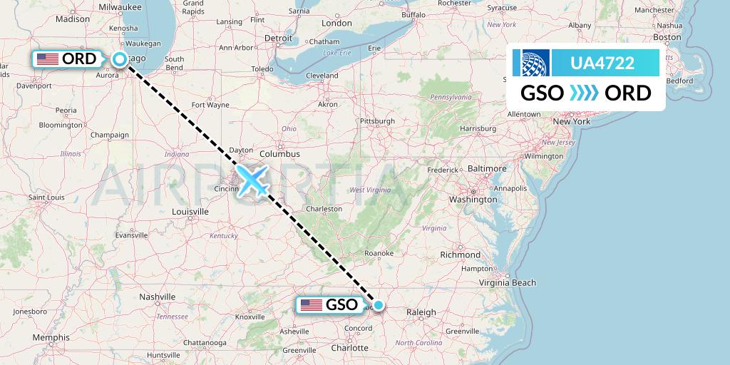 UA4722 United Airlines Flight Map: Greensboro to Chicago