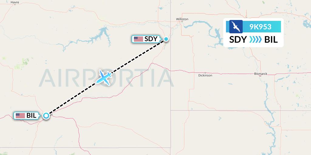 9K953 Cape Air Flight Map: Sidney to Billings