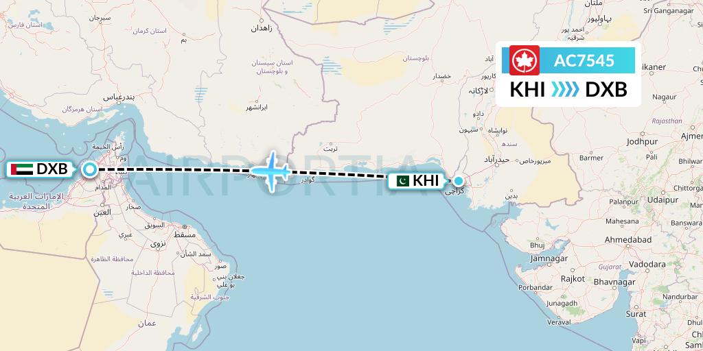 AC7545 Air Canada Flight Map: Karachi to Dubai