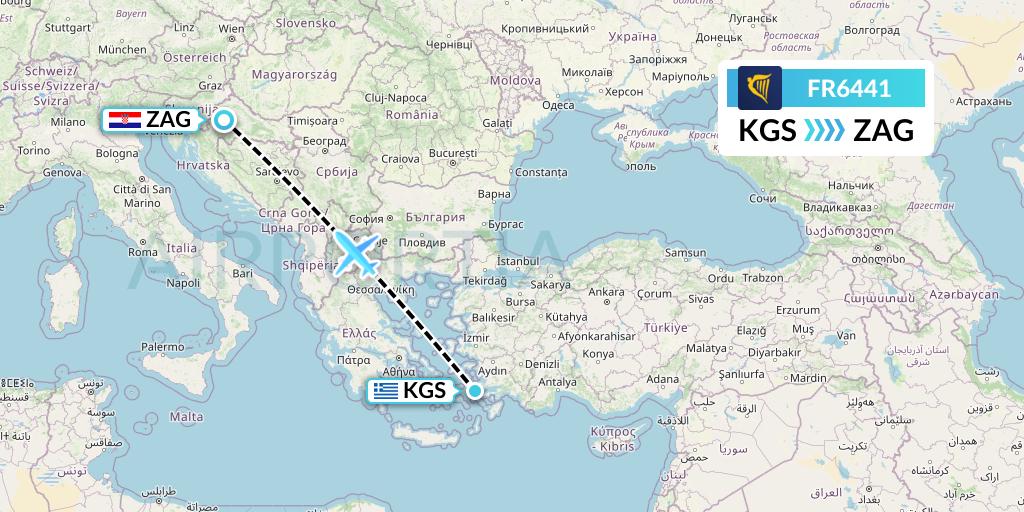 FR6441 Ryanair Flight Map: Kos to Zagreb