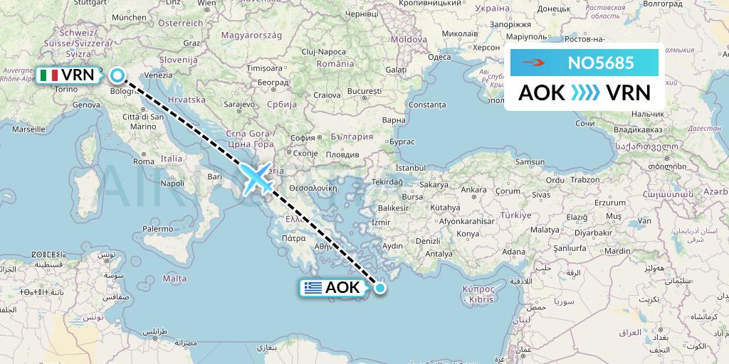 NO5685 Neos Flight Map: Karpathos to Verona