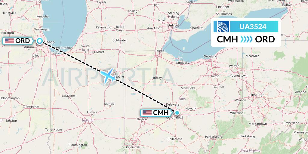 UA3524 United Airlines Flight Map: Columbus to Chicago
