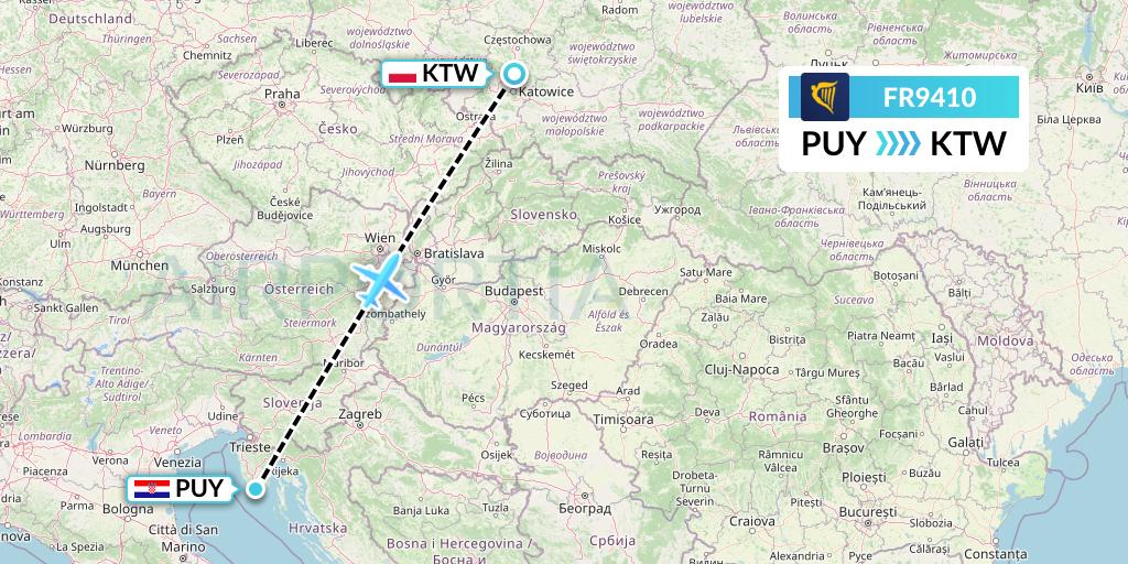 FR9410 Ryanair Flight Map: Pula to Katowice