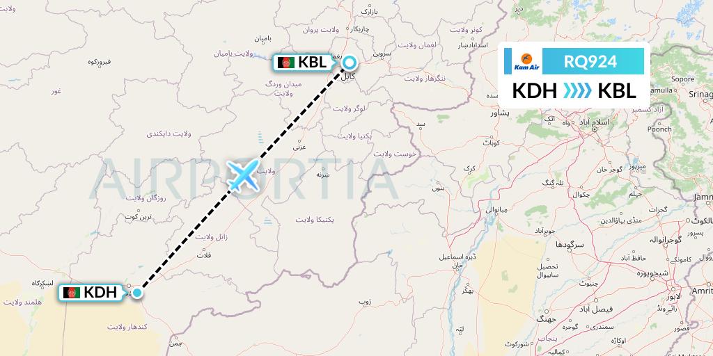 RQ924 Kam Air Flight Map: Kandahar to Kabul