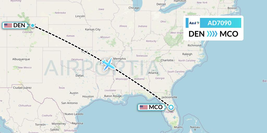 AD7090 Azul Brazilian Airlines Flight Map: Denver to Orlando
