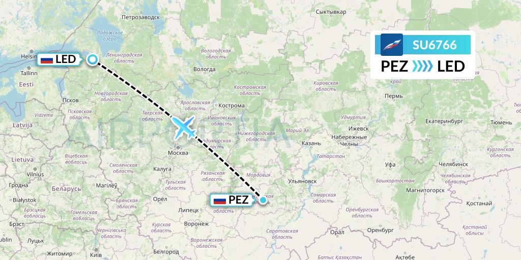 SU6766 Aeroflot Flight Map: Penza to St. Petersburg