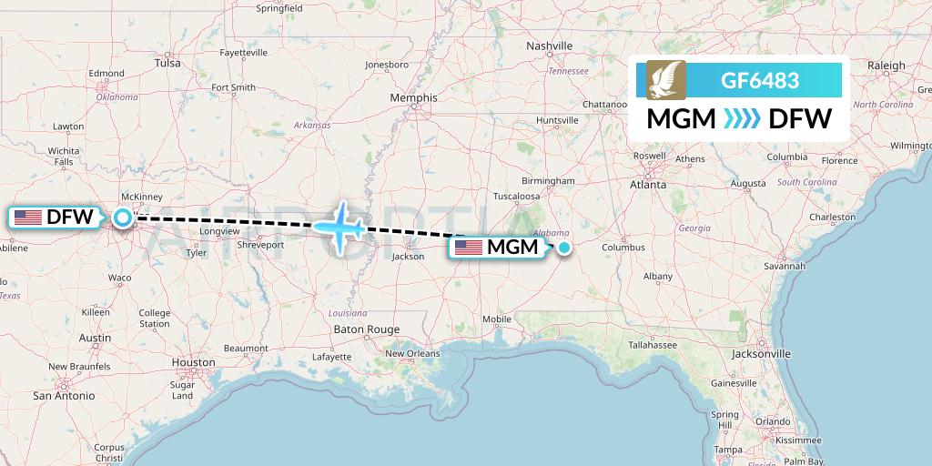 GF6483 Gulf Air Flight Map: Montgomery to Dallas
