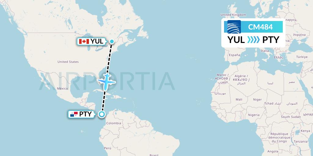 CM484 Copa Airlines Flight Map: Montreal to Panama City