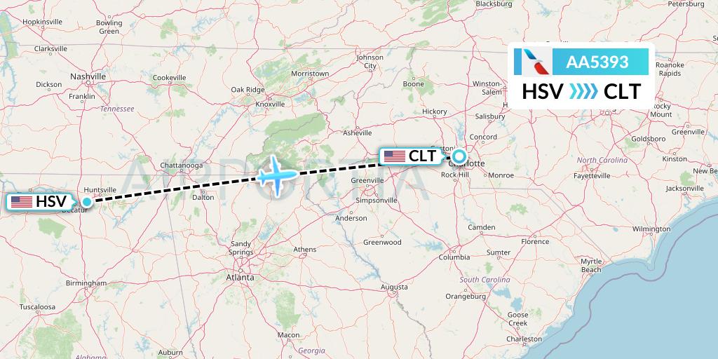 AA5393 American Airlines Flight Map: Huntsville to Charlotte