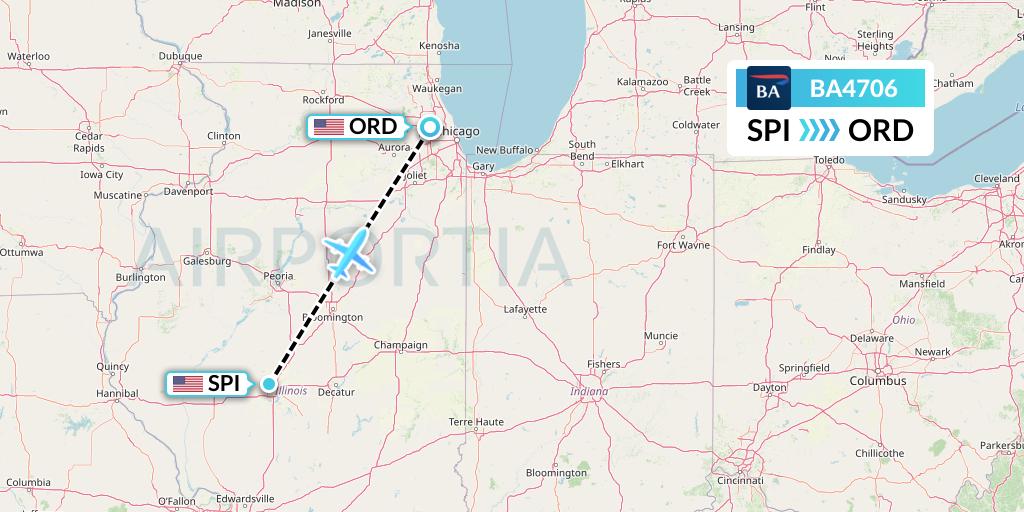 BA4706 British Airways Flight Map: Springfield to Chicago