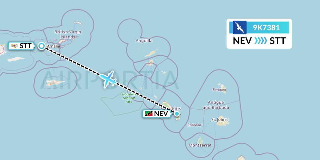 9K7381 Cape Air Flight Map: Nevis to St. Thomas