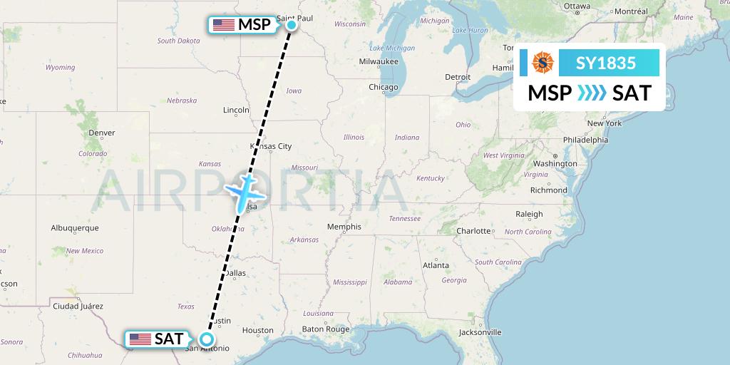 SY1835 Sun Country Airlines Flight Map: Minneapolis to San Antonio
