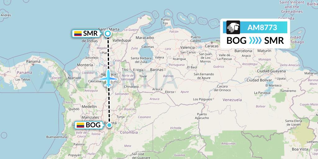 AM8773 Aeromexico Flight Map: Bogota to Santa Marta