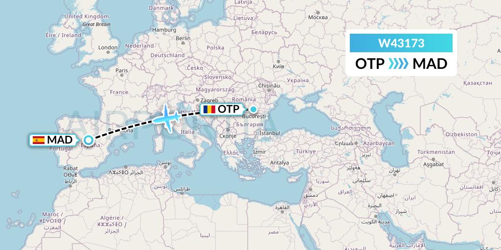 W43173 Wizz Air Malta Flight Map: Bucharest to Madrid
