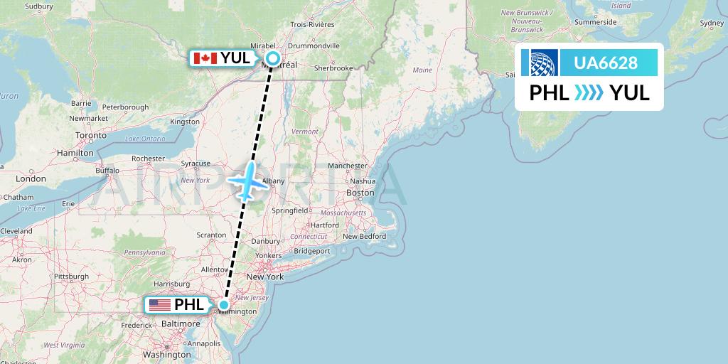 UA6628 United Airlines Flight Map: Philadelphia to Montreal
