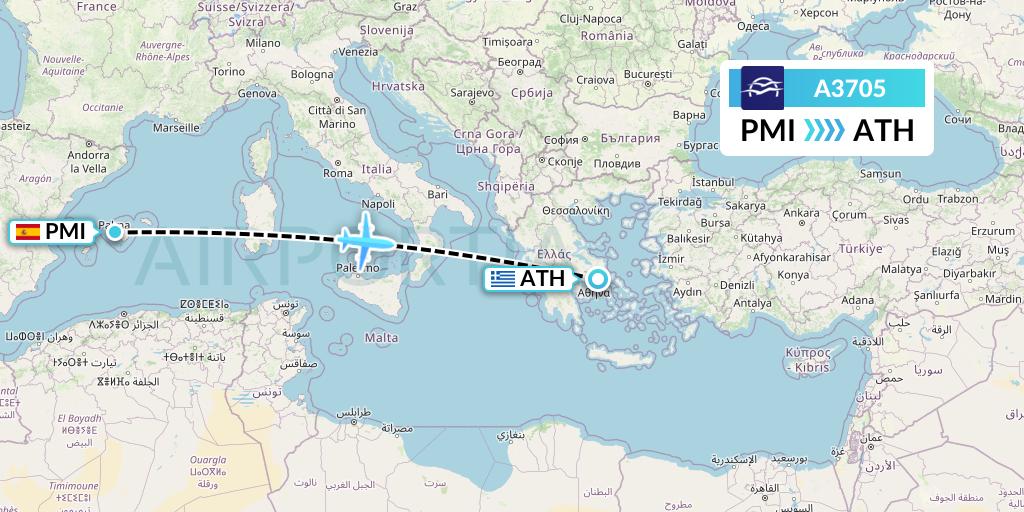 A3705 Aegean Airlines Flight Map: Palma de Mallorca to Athens