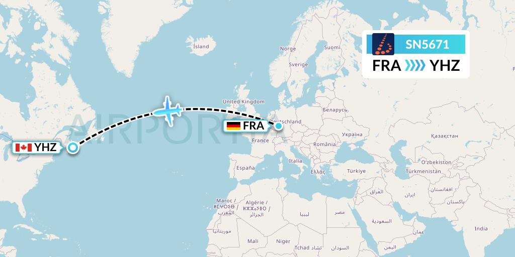 SN5671 Brussels Airlines Flight Map: Frankfurt to Halifax