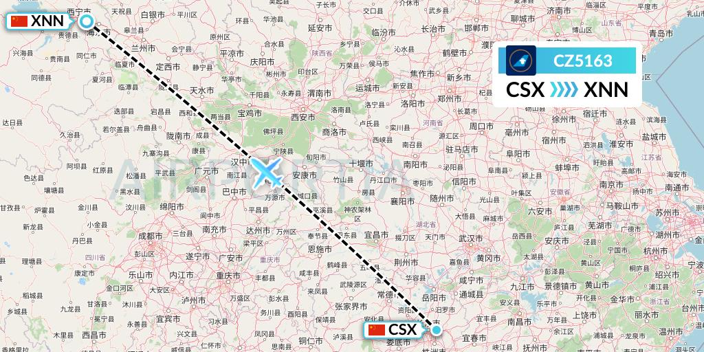 CZ5163 China Southern Airlines Flight Map: Changsha to Xining