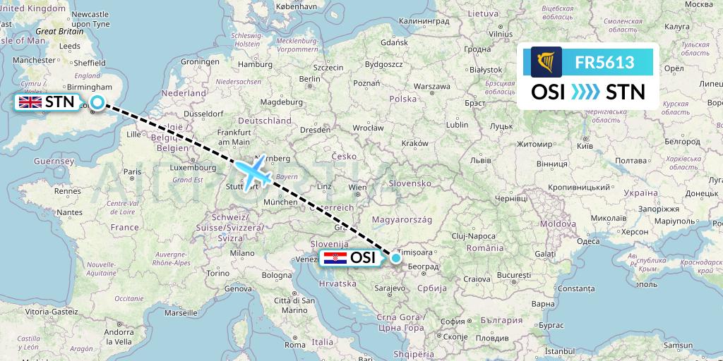 FR5613 Ryanair Flight Map: Osijek to London