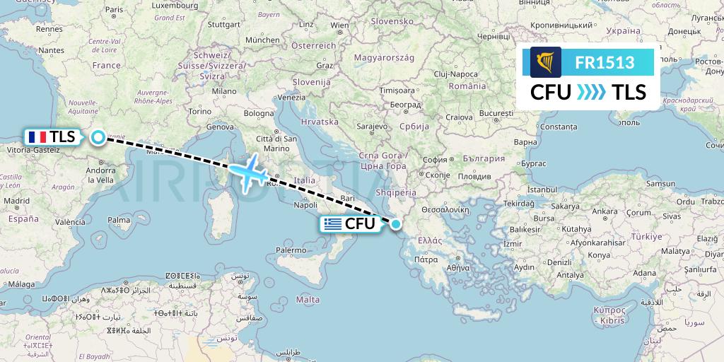 FR1513 Ryanair Flight Map: Corfu to Toulouse