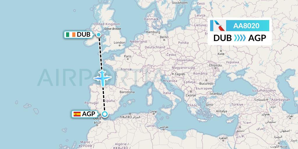 AA8020 American Airlines Flight Map: Dublin to Malaga