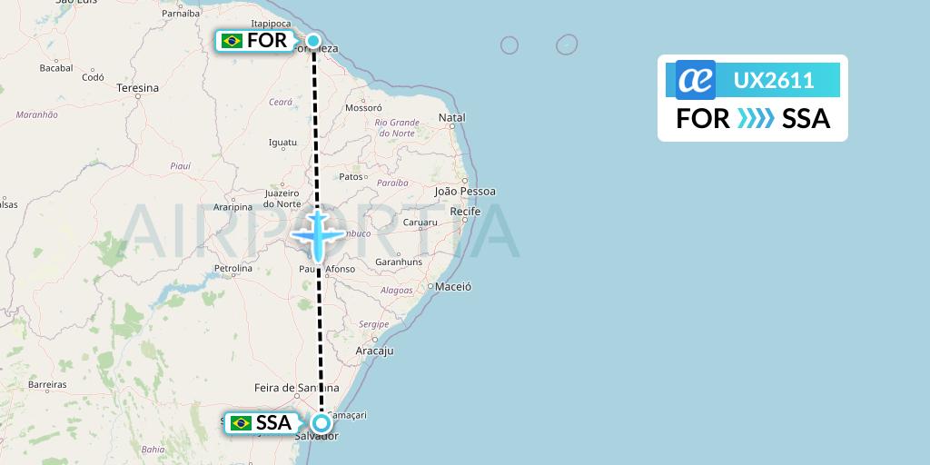 UX2611 Air Europa Flight Map: Fortaleza to Salvador