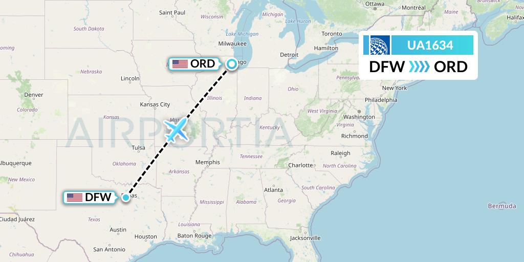 UA1634 United Airlines Flight Map: Dallas to Chicago