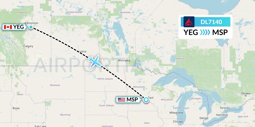 DL7140 Delta Air Lines Flight Map: Edmonton to Minneapolis