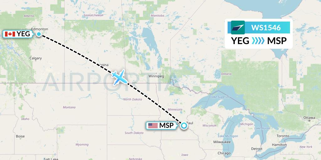 WS1546 WestJet Flight Map: Edmonton to Minneapolis