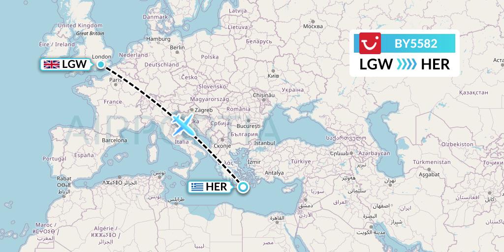 BY5582 TUI Airways Flight Map: London to Heraklion