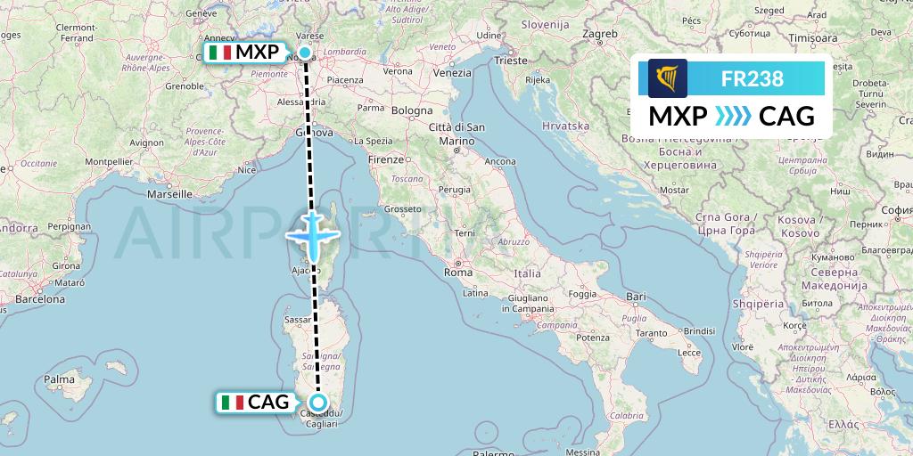 FR238 Ryanair Flight Map: Milan to Cagliari