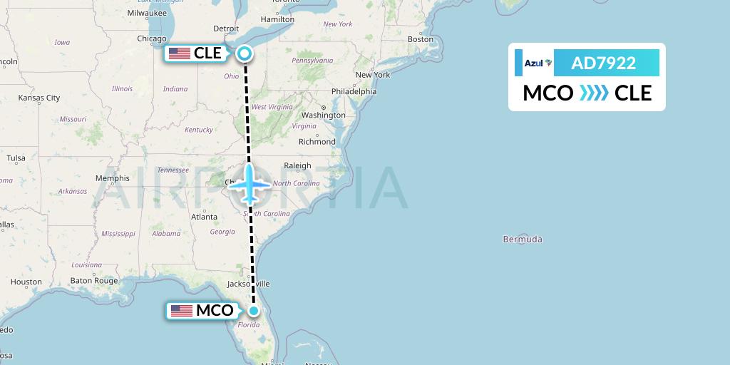 AD7922 Azul Brazilian Airlines Flight Map: Orlando to Cleveland