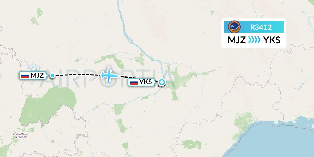 R3412 Yakutia Airlines Flight Map: Mirny to Yakutsk