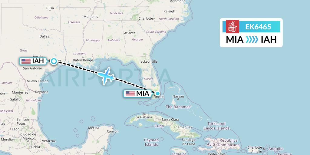EK6465 Emirates Flight Map: Miami to Houston