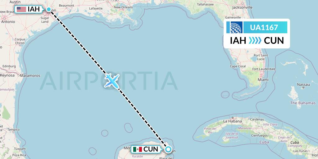 UA1167 United Airlines Flight Map: Houston to Cancun