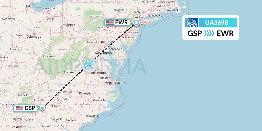UA3698 United Airlines Flight Map: Greenville-Spartanburg to New York